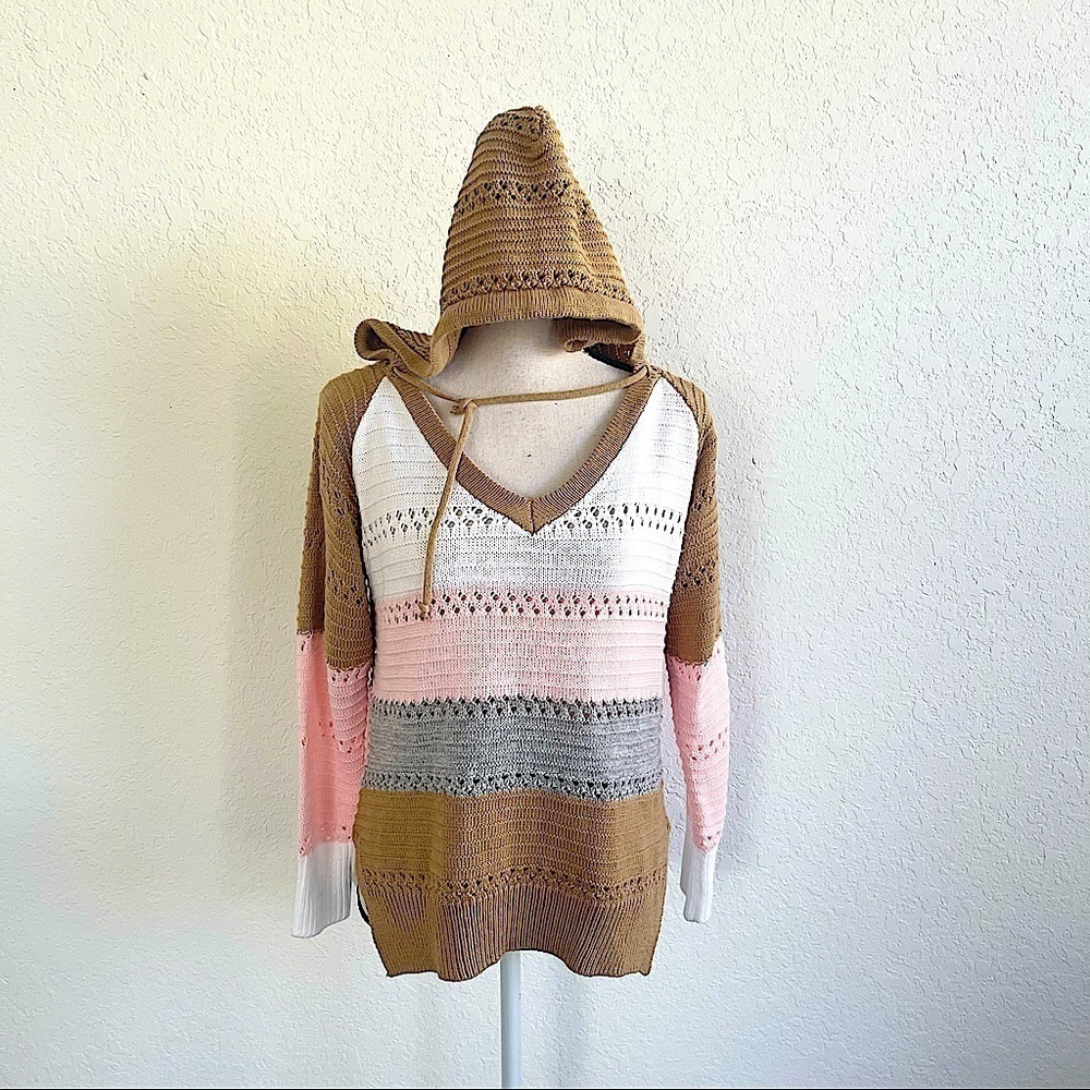 Unbranded Women’s Pink White Tan Striped Color Block Pullover Hoodie Size Small
